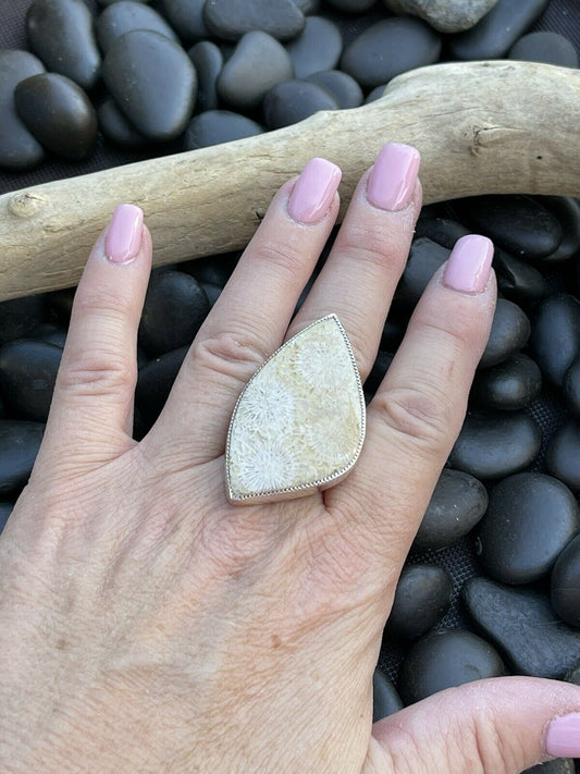 Handcrafted Fossilized Coral & Sterling Silver Adjustable Ring Signed