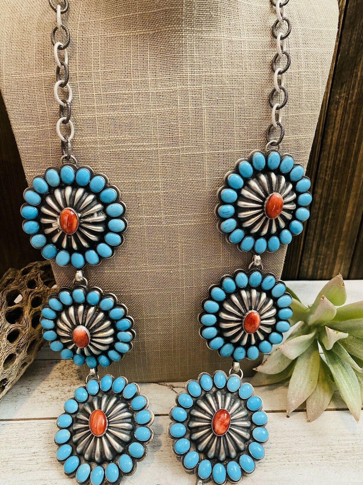 Amazing Navajo Spiny, Sleeping Beauty Turquoise & Sterling Silver Necklace