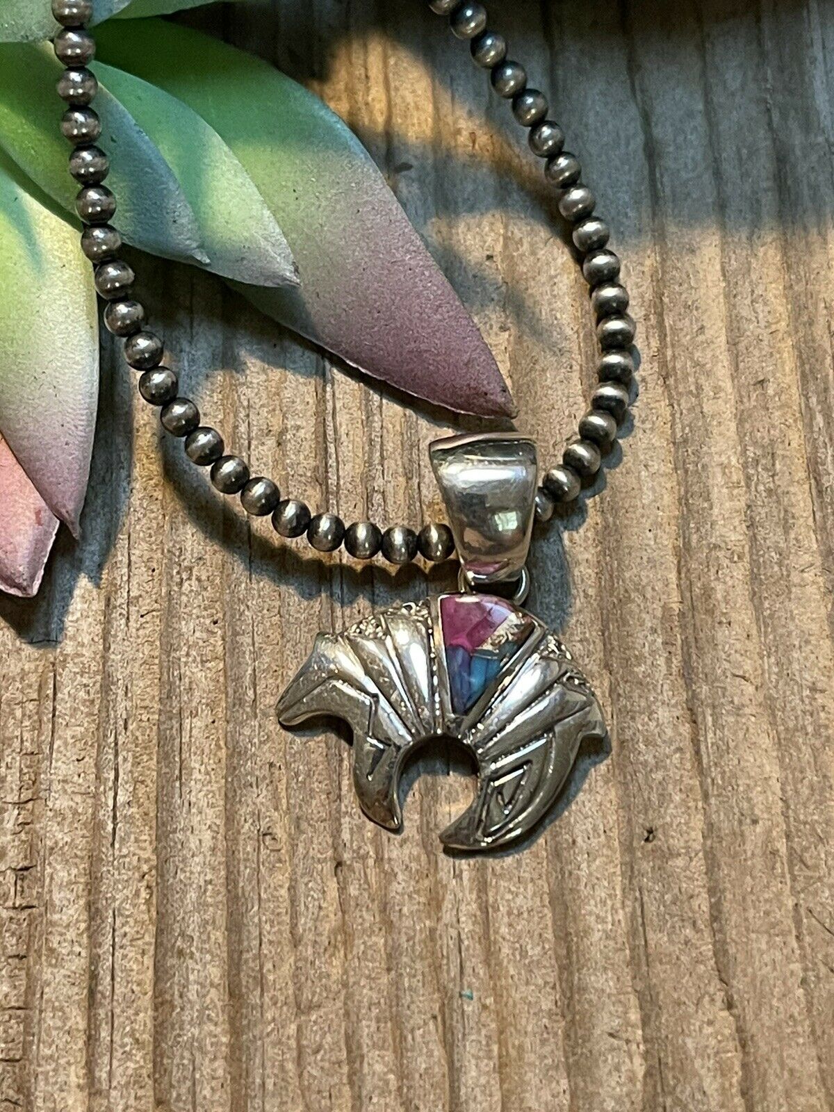 Handcrafted Pink Dream Mojave & Sterling Silver Bear Pendant