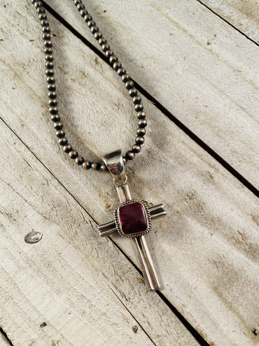 Handcrafted Sterling Silver & Purple Spiny Oyster Cross Pendant Signed