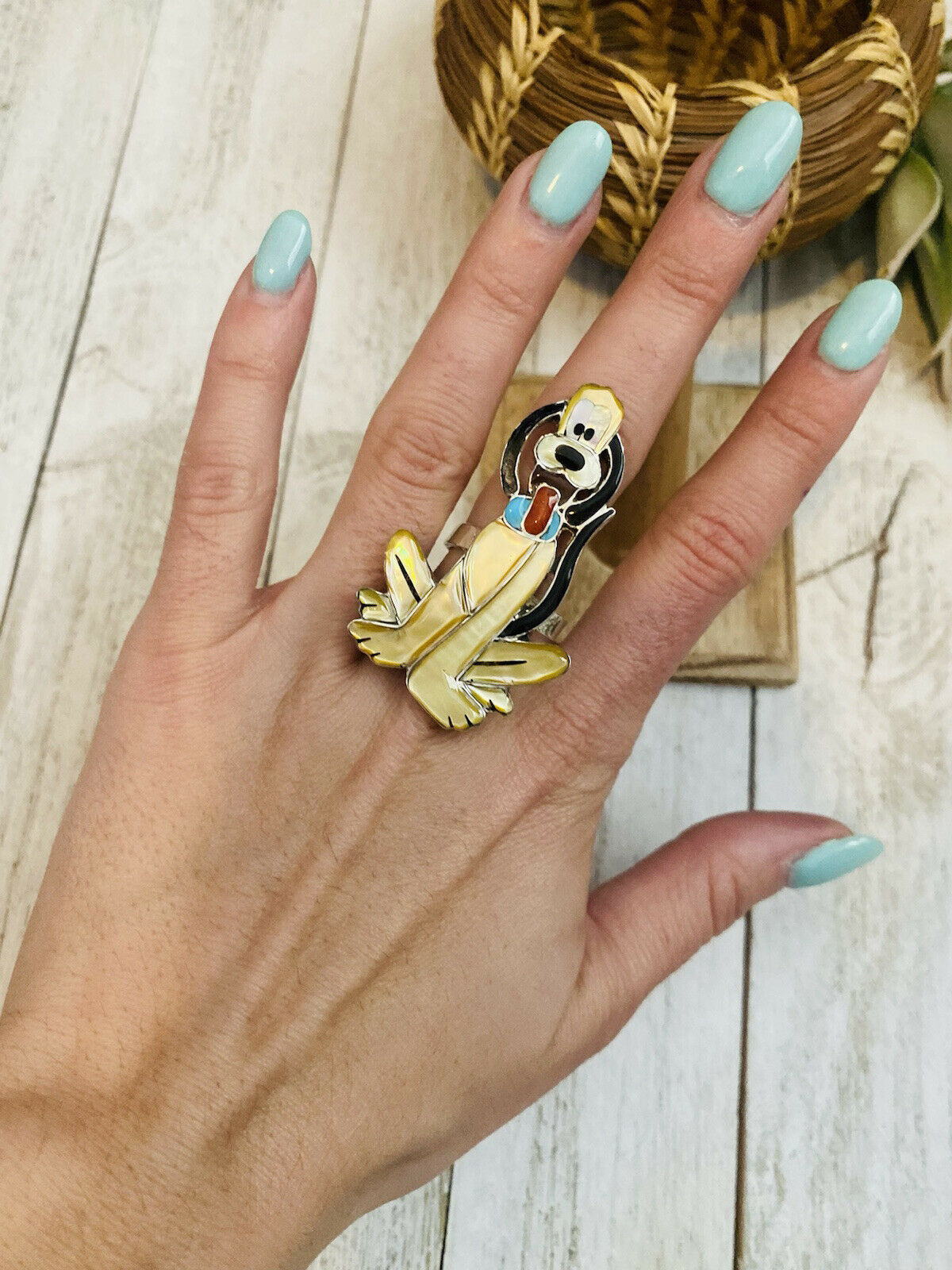 Handcrafted Sterling Silver & Multi Stone Dog Inlay Adjustable Ring by Don Dewa