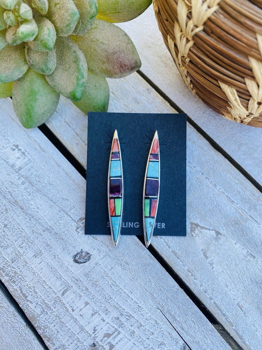 Handcrafted Multi Stone And Sterling Silver Inlay Dangle Earrings