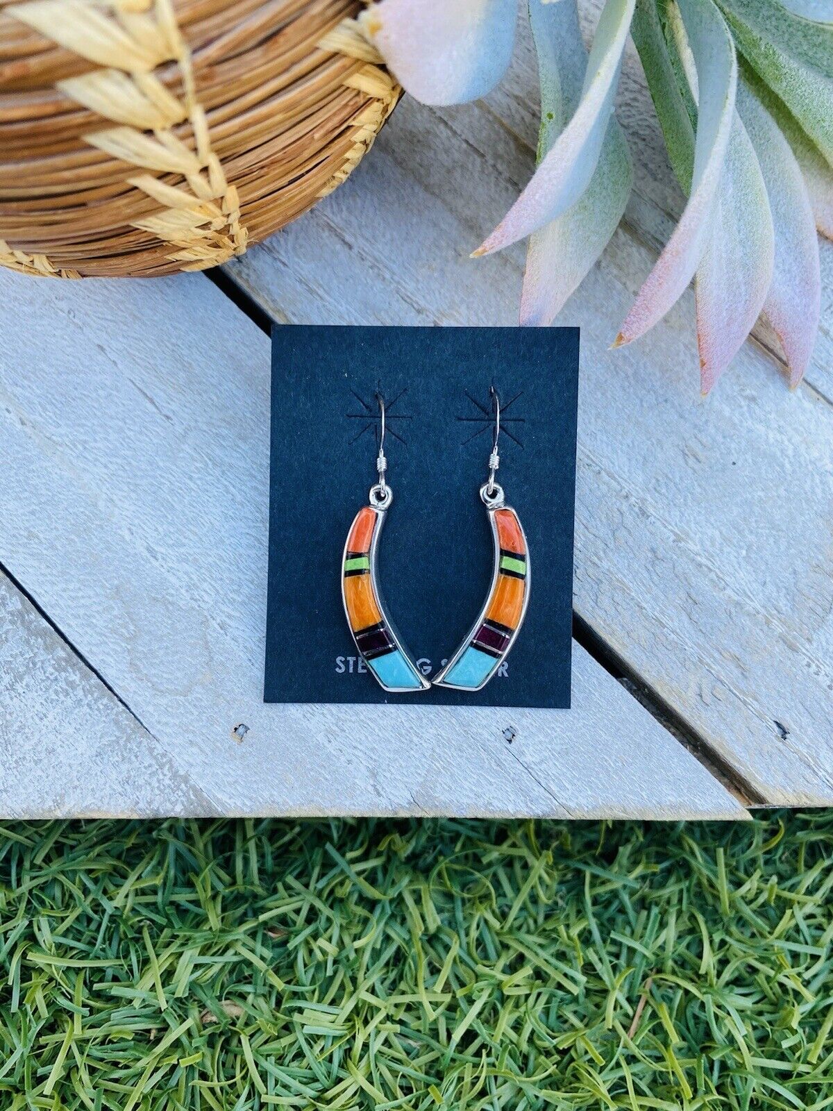 Handcrafted Multi Stone And Sterling Silver Inlay Dangle Earrings