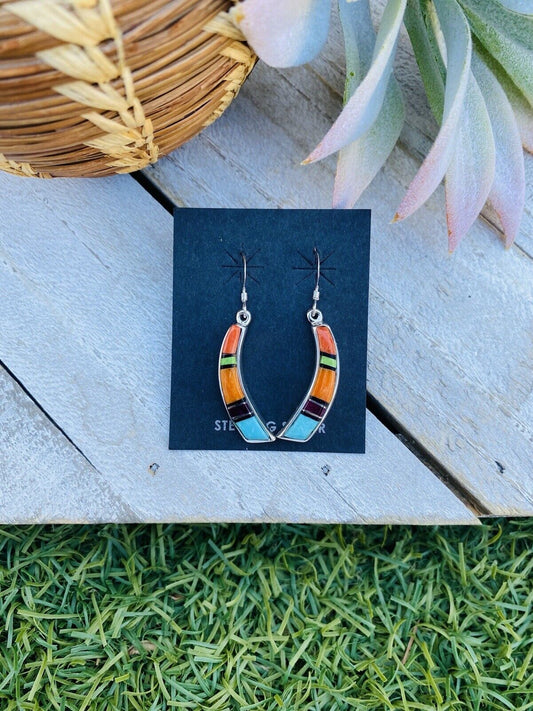 Handcrafted Multi Stone And Sterling Silver Inlay Dangle Earrings
