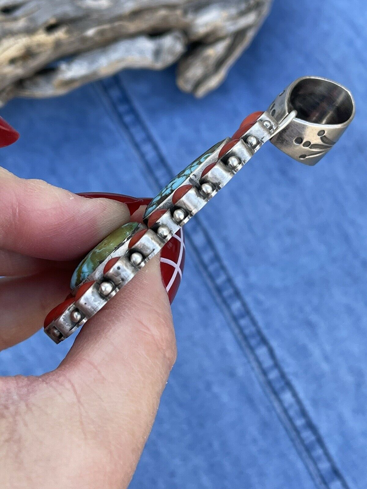 Handcrafted Sterling 2 Stone Kingman Web Turquoise & Red Coral Taos Pendant