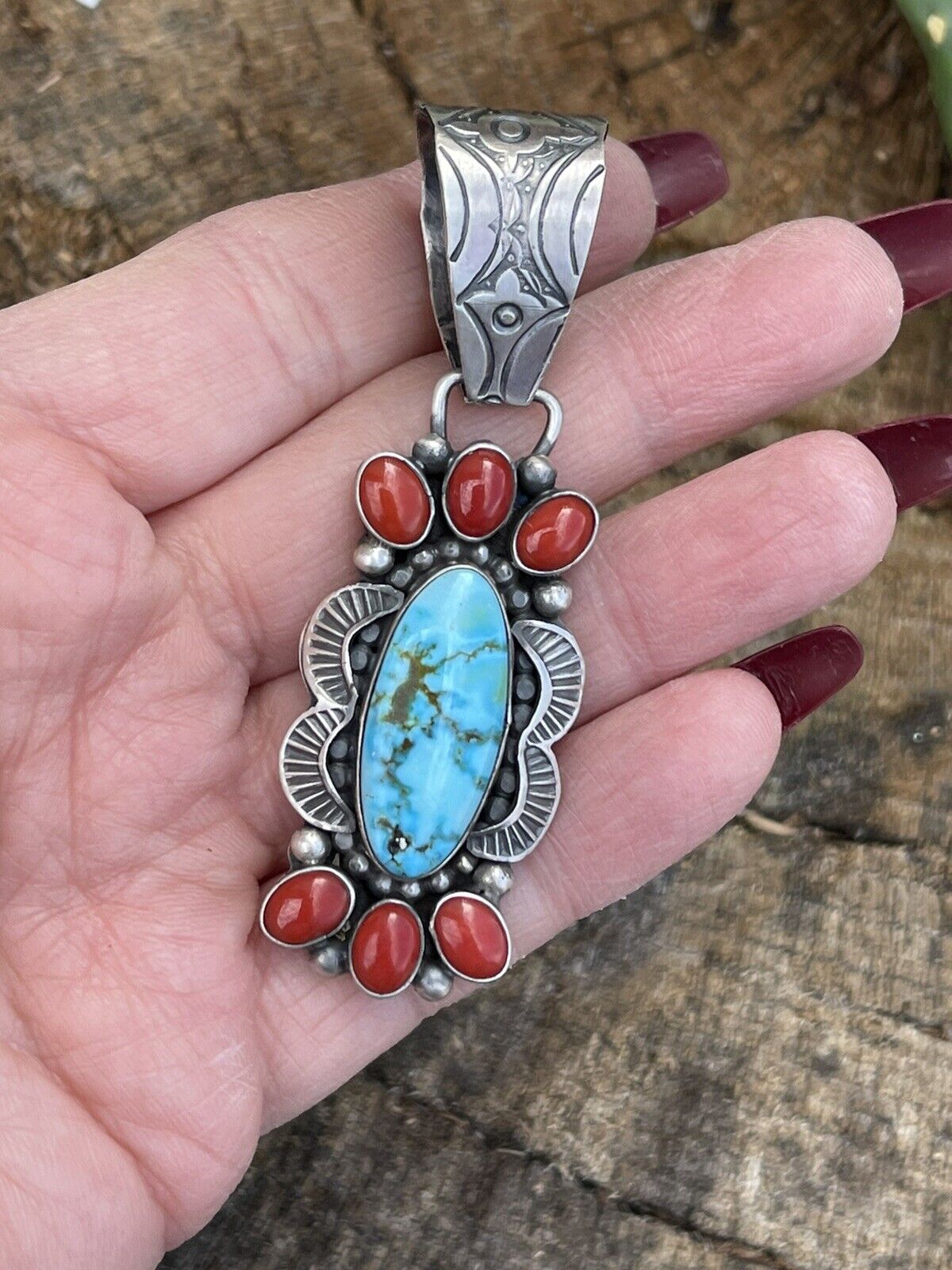 Handcrafted Sterling Kingman Web Turquoise & Red Coral Pendant Taos Collection