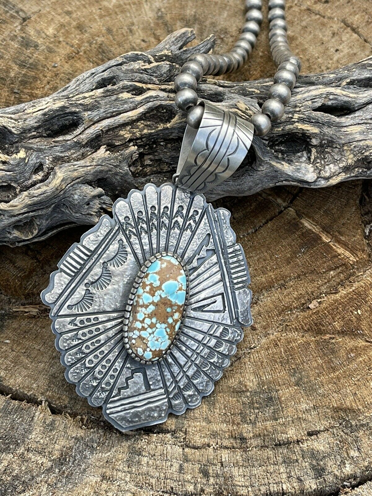 Handcrafted Number 8  Turquoise & Sterling Tufa Cast Jumbo Pendant Signed