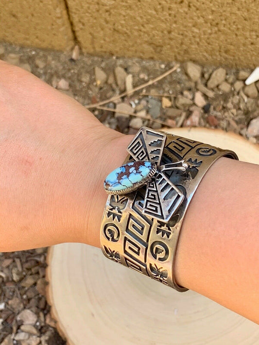 Handcrafted Sterling Silver & Golden Hills Turquoise Dragonfly Cuff  Bracelet, Signed RB