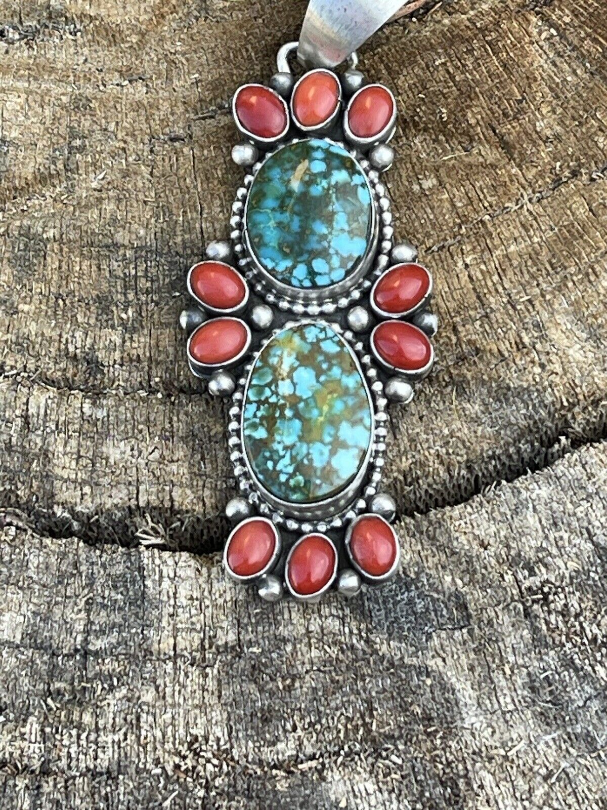 Handcrafted Sterling Kingman Web Turquoise & Red Coral Taos Pendant Bea Tom