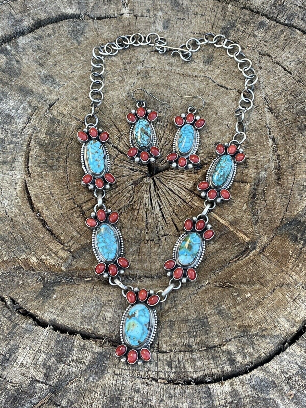 Handcrafted Sterling Kingman Turquoise Natural Red Coral Necklace Set Taos Collection