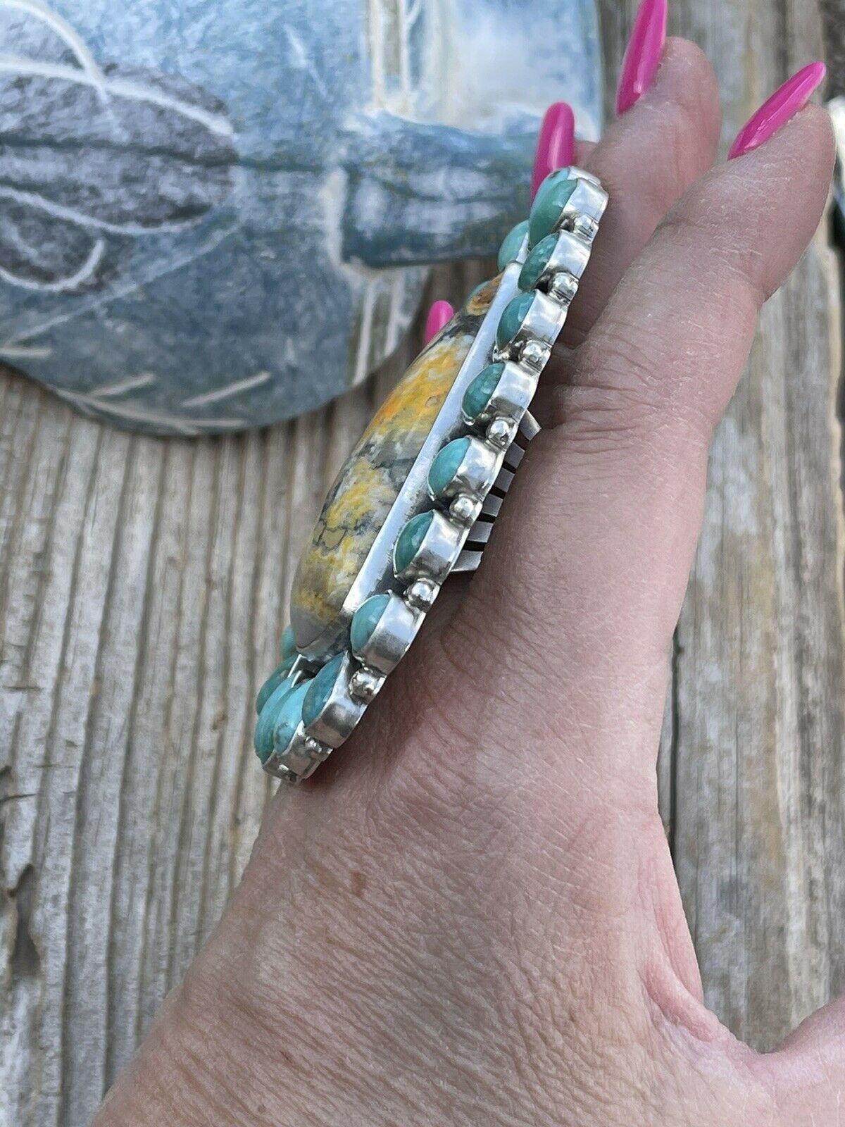 Handcrafted Sterling Bumblebee and Turquoise Stone Ring Sz 9.5