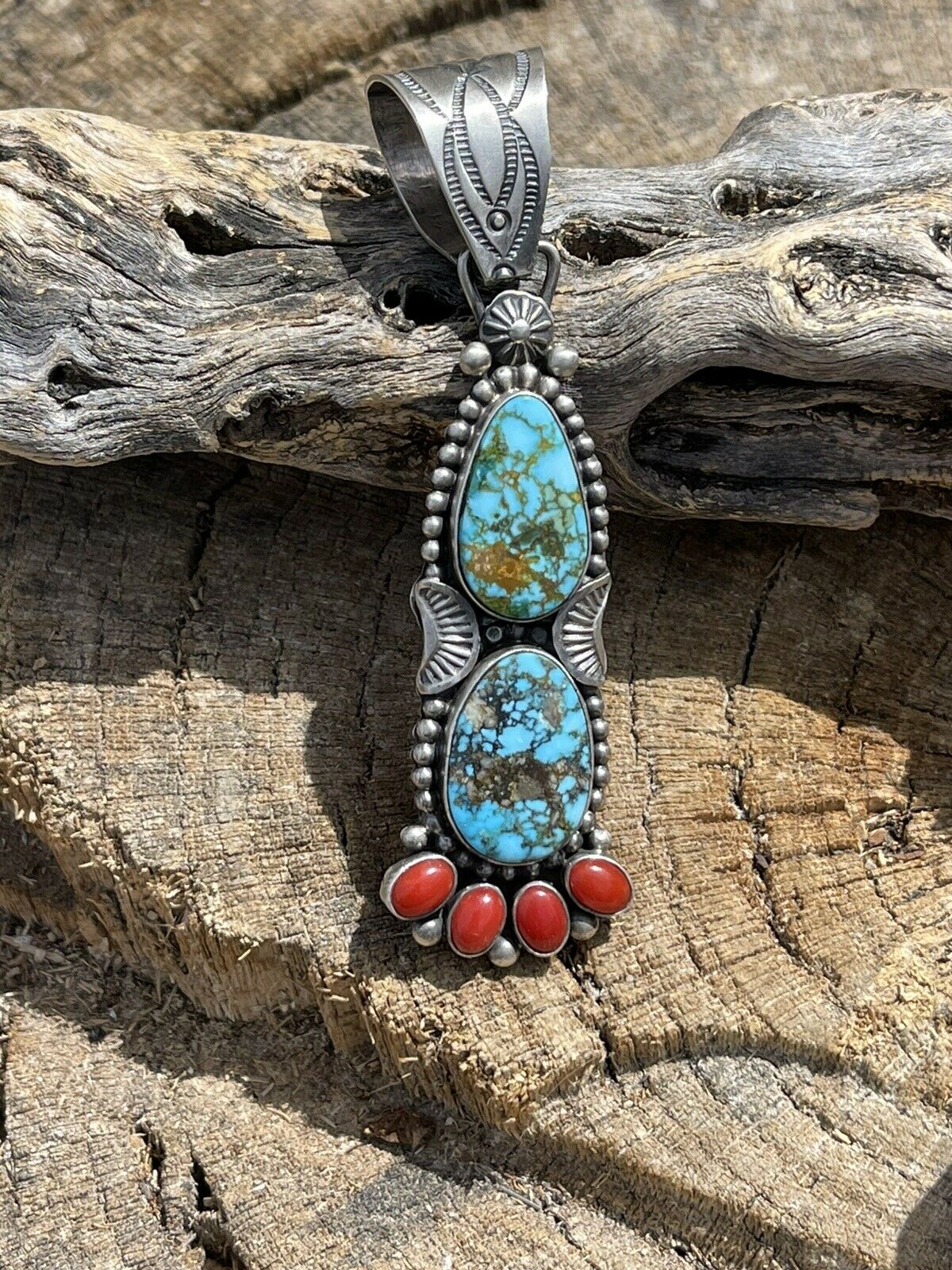 Handcrafted Sterling Kingman Web Turquoise & Red Coral Taos Pendant Danny Clark