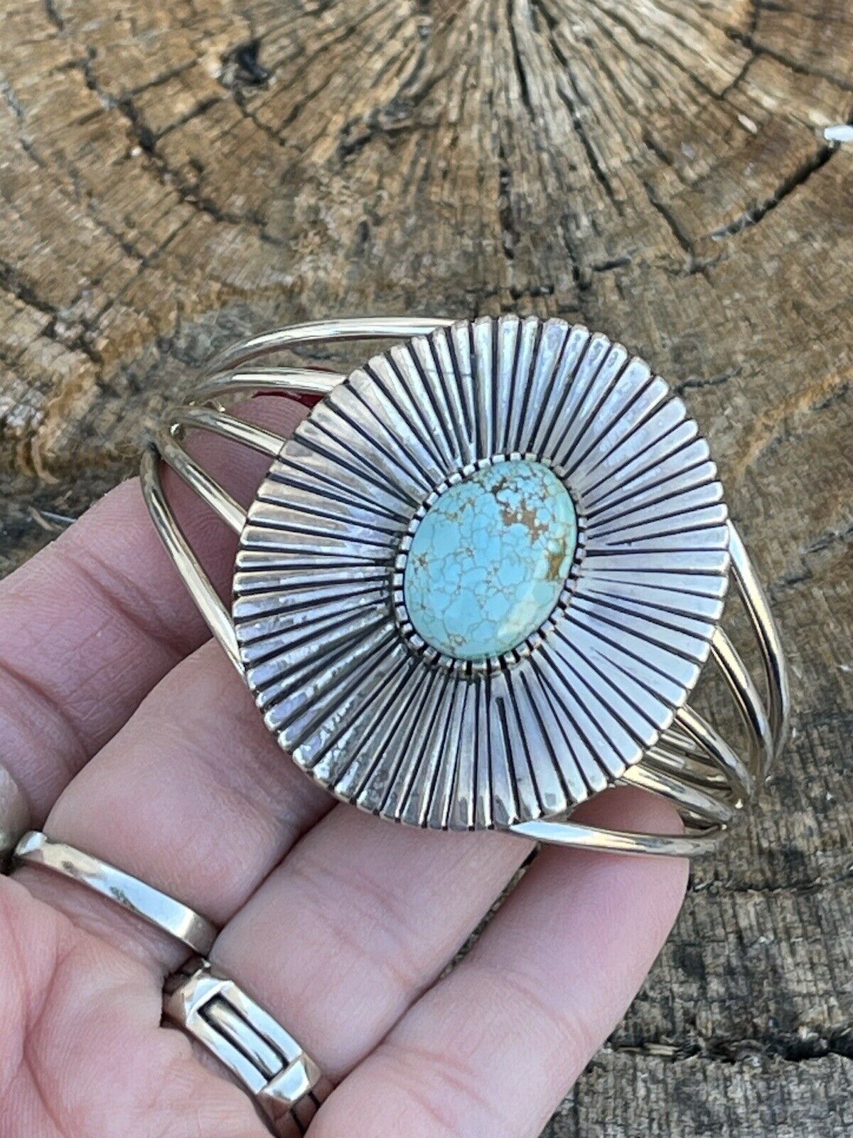 Handcrafted Sterling Silver & Number 8 Turquoise Signed Lined Cuff Signed