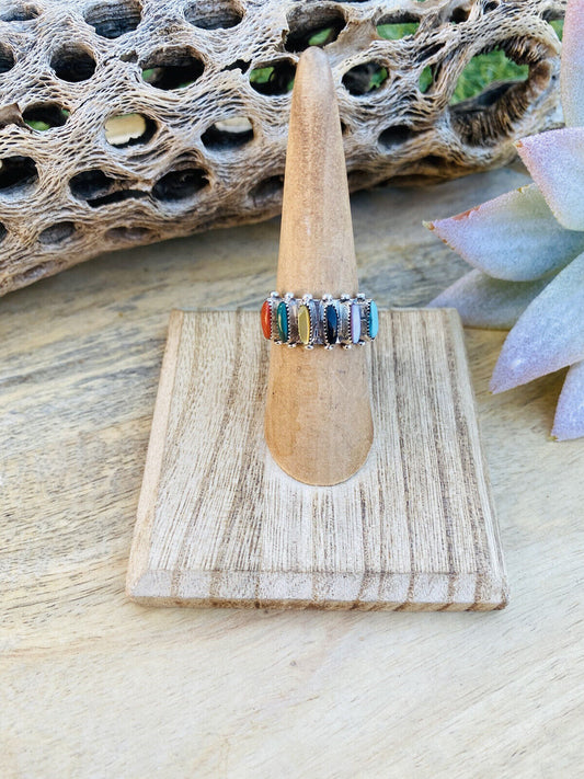 Handcrafted Sterling Silver & Multi Stone Needlepoint Band Ring