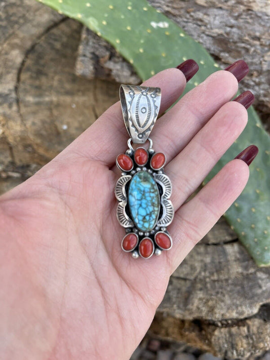 Handcrafted Sterling Kingman Web Turquoise & Red Coral Pendant Taos Collection