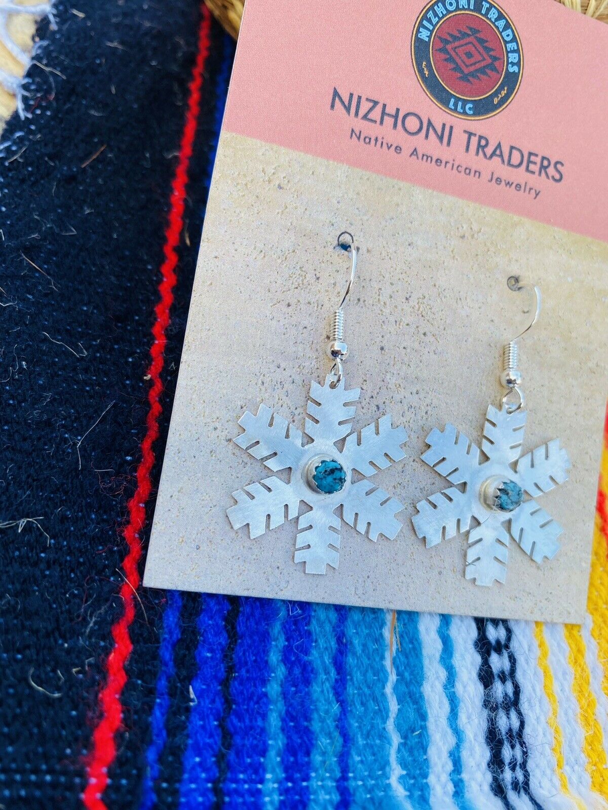 Navajo Sterling Silver & Turquoise Snowflake Dangle Earrings