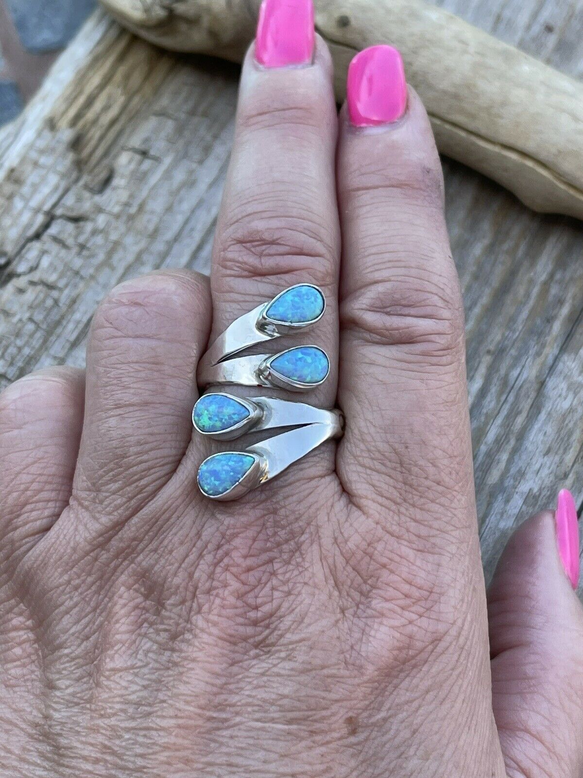 Handcrafted Sterling Silver Bright Blue Opal Adjustable 4 Stone Ring