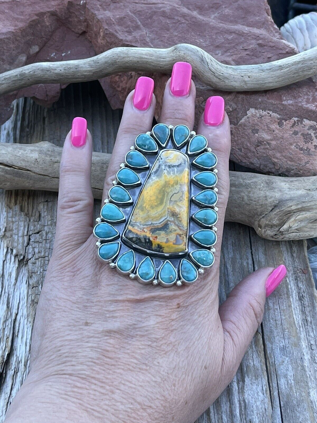 Handcrafted Sterling Bumblebee and Turquoise Stone Ring Sz 8