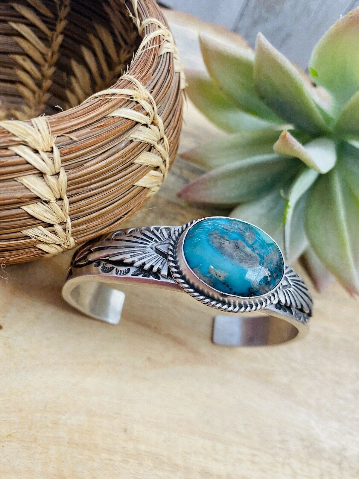 Handcrafted Sterling Silver & Royston Turquoise Cuff Bracelet Signed