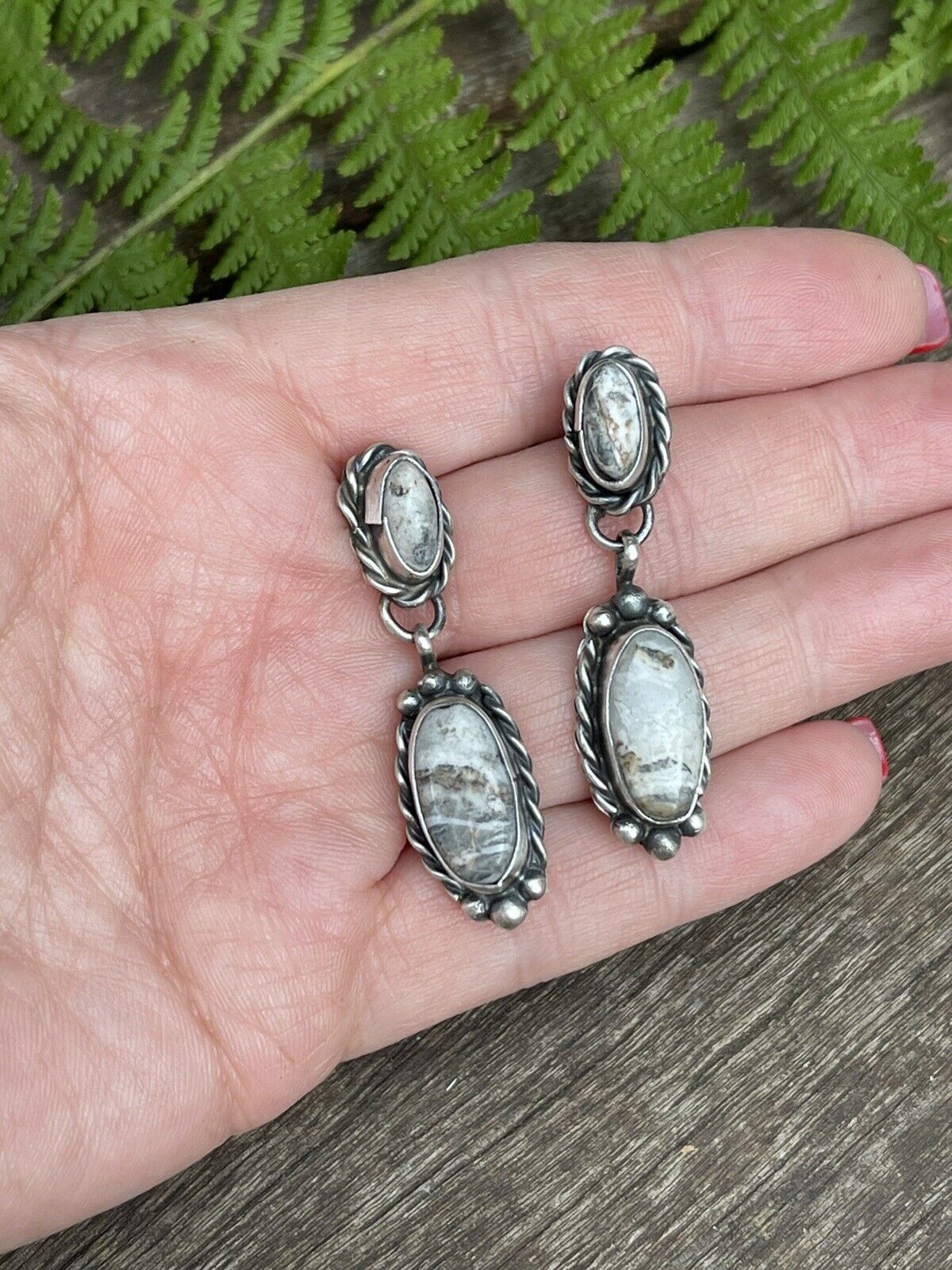 Navajo Sterling Silver & White Buffalo 2 Stone Rope Dangle Earrings