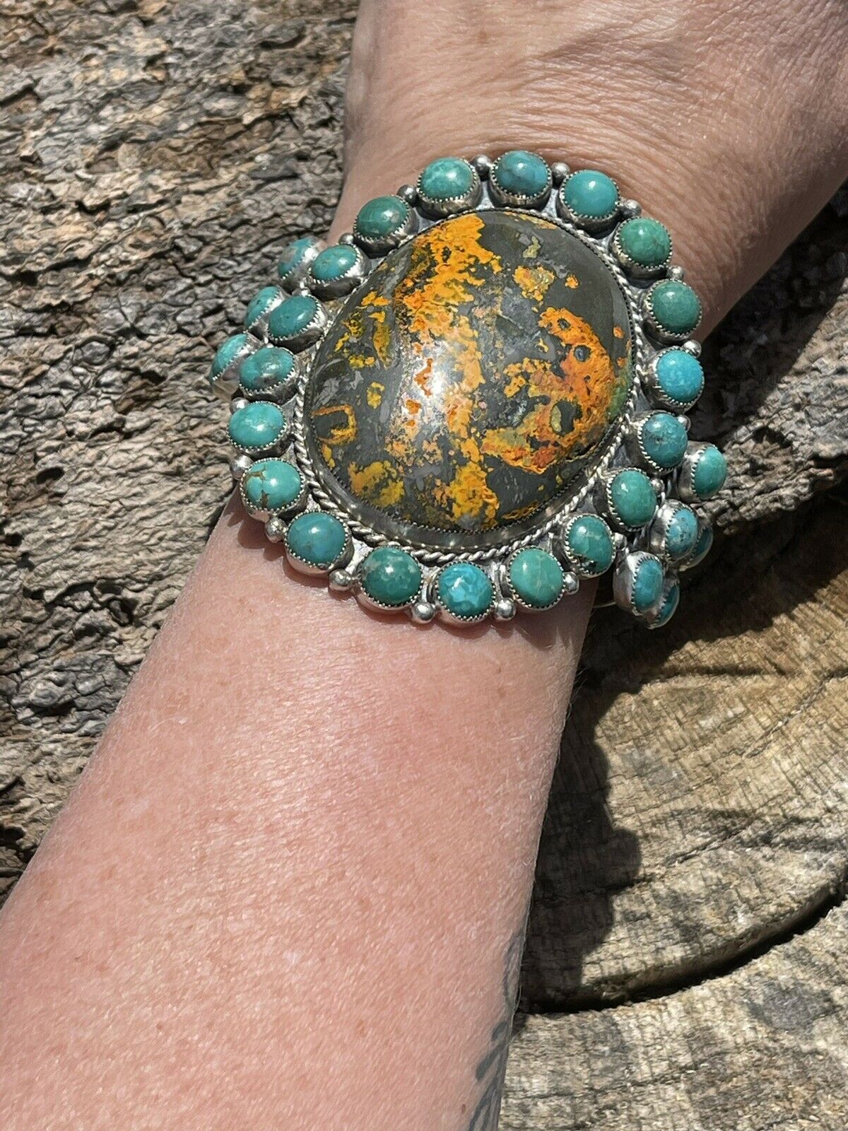Handcrafted Sterling Silver Bumblebee & Turquoise Cluster Cuff Bracelet /