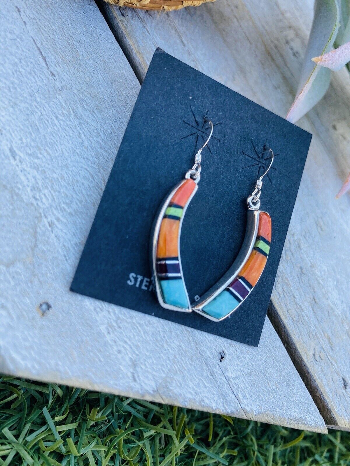 Handcrafted Multi Stone And Sterling Silver Inlay Dangle Earrings