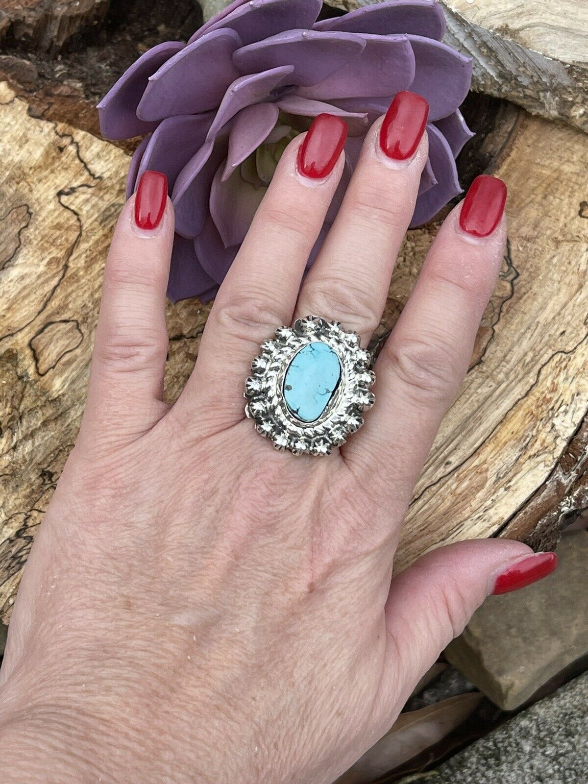 Handcrafted Sterling Carico Lake Turquoise Stone Sunburst Ring Size 8