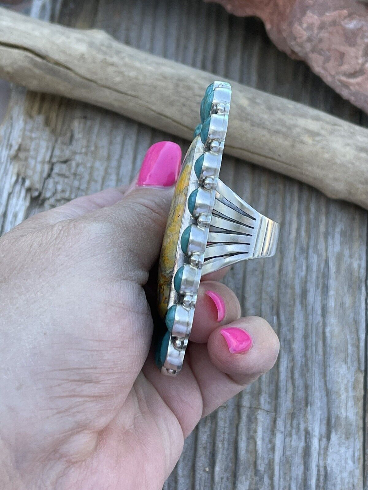 Handcrafted Sterling Bumblebee and Turquoise Stone Ring Sz 8