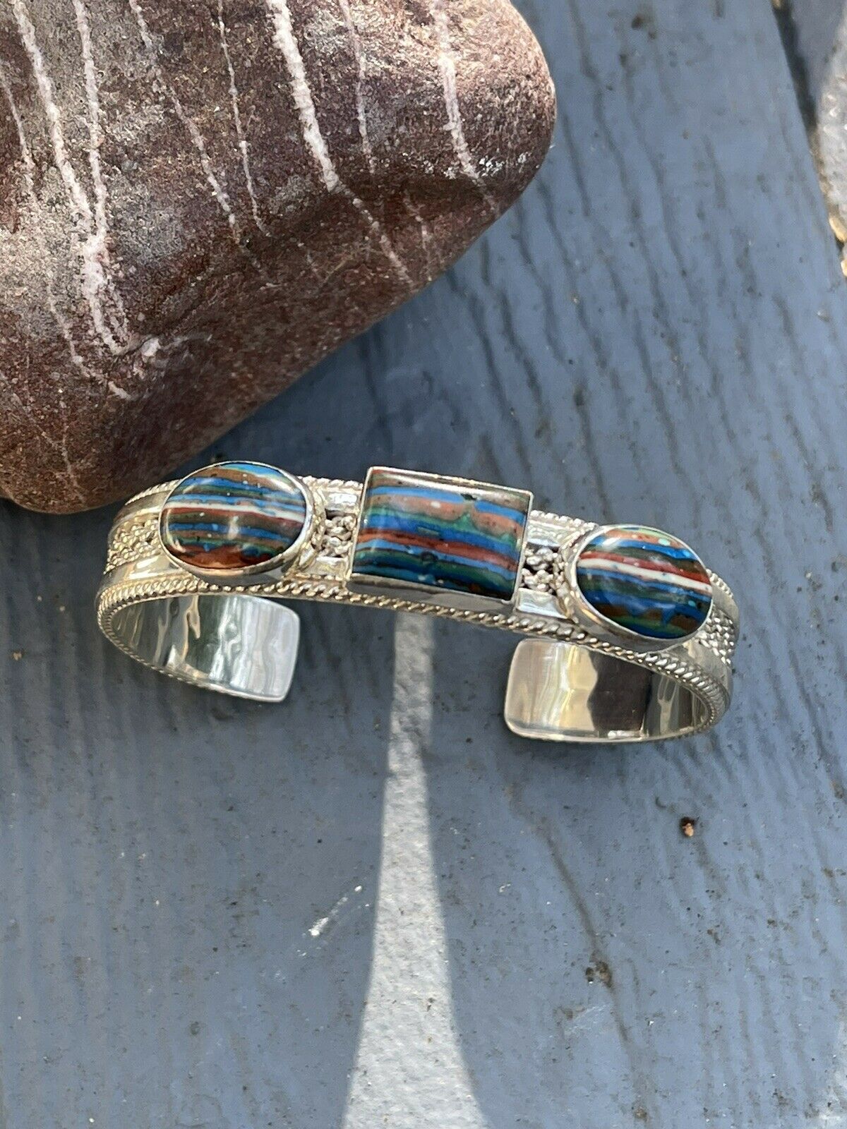 Unique Handcrafted Sterling Silver & Rainbow Stone Elegant Cuff Bracelet