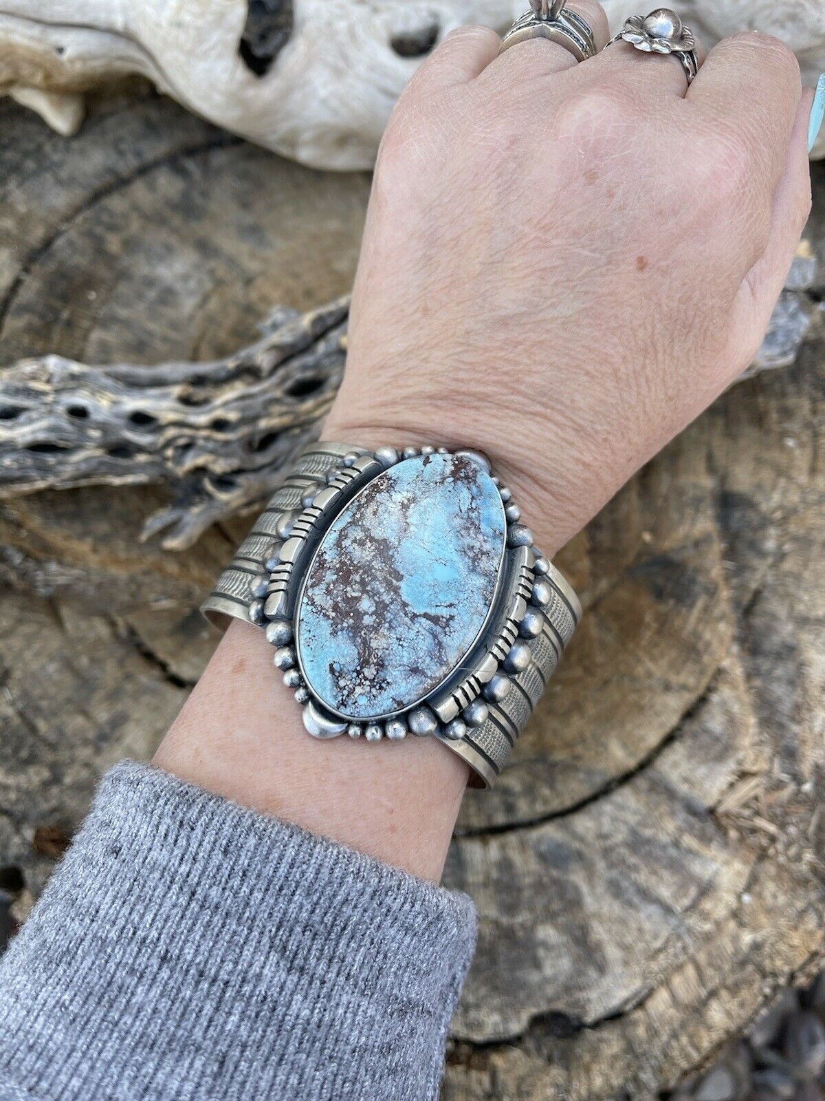 Handcrafted Handmade Sterling Silver & Number 8 Turquoise Signed Cuff Signed