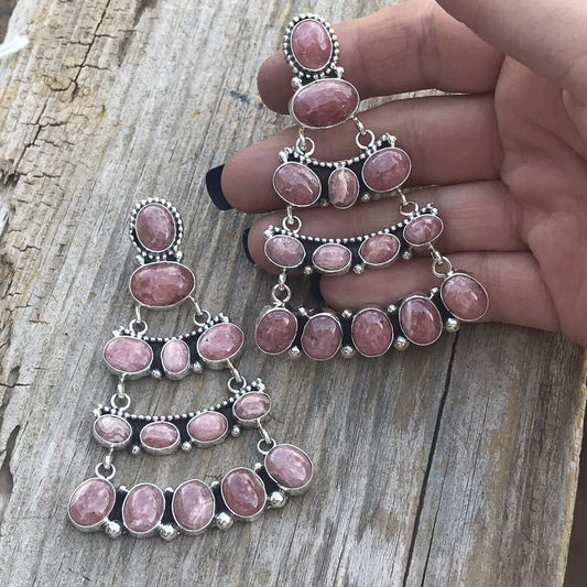 Sterling Silver Rhodochrosite Stone Dangle Earrings Artist E. Spencer