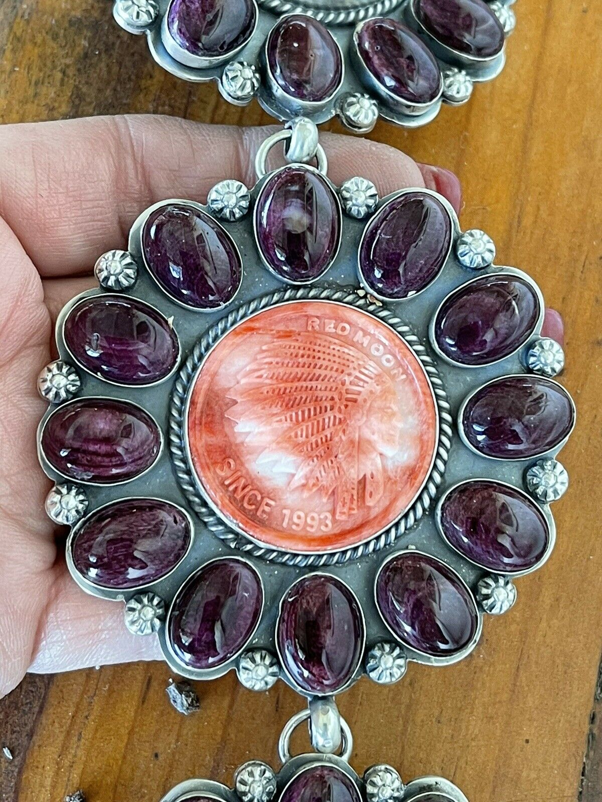 Handcrafted Stunning Sterling Silver, Carved Spiny Oyster and Turquoise Necklace by Gilbert Platero