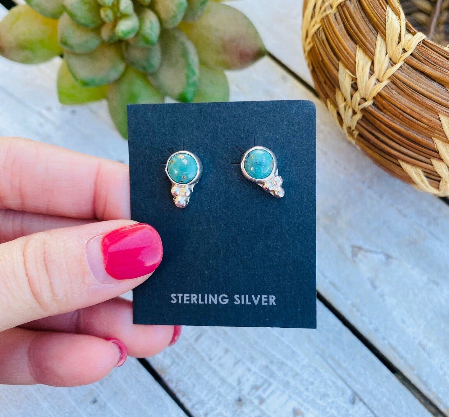 Handcrafted Sterling Silver And Turquoise Stud Earrings Signed