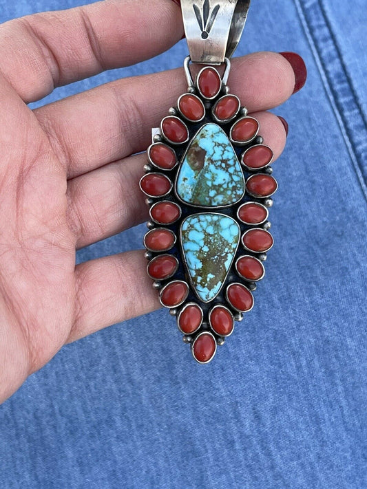 Handcrafted Sterling Silver 2 Stone Kingman Web Turquoise & Red Coral Taos Pendant