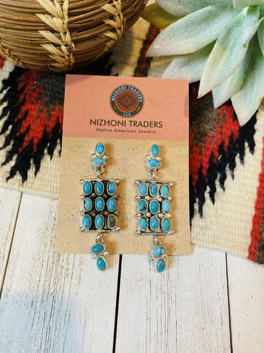 Handcrafted Turquoise & Sterling Silver Cluster Dangle Earrings Signed