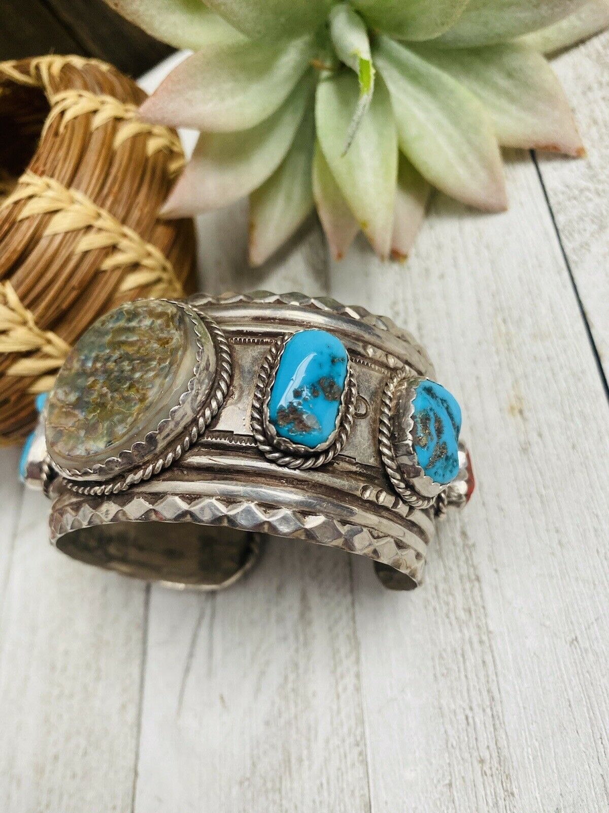 Navajo Old Pawn Vintage Multi Stone & Sterling Silver Bracelet