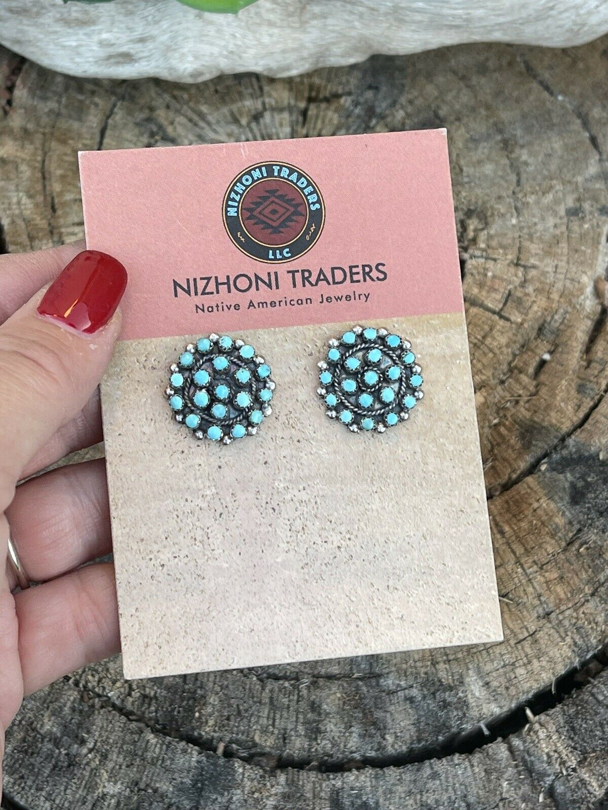 Zuni Sterling Silver & Turquoise Cluster Stud Earrings Signed LW