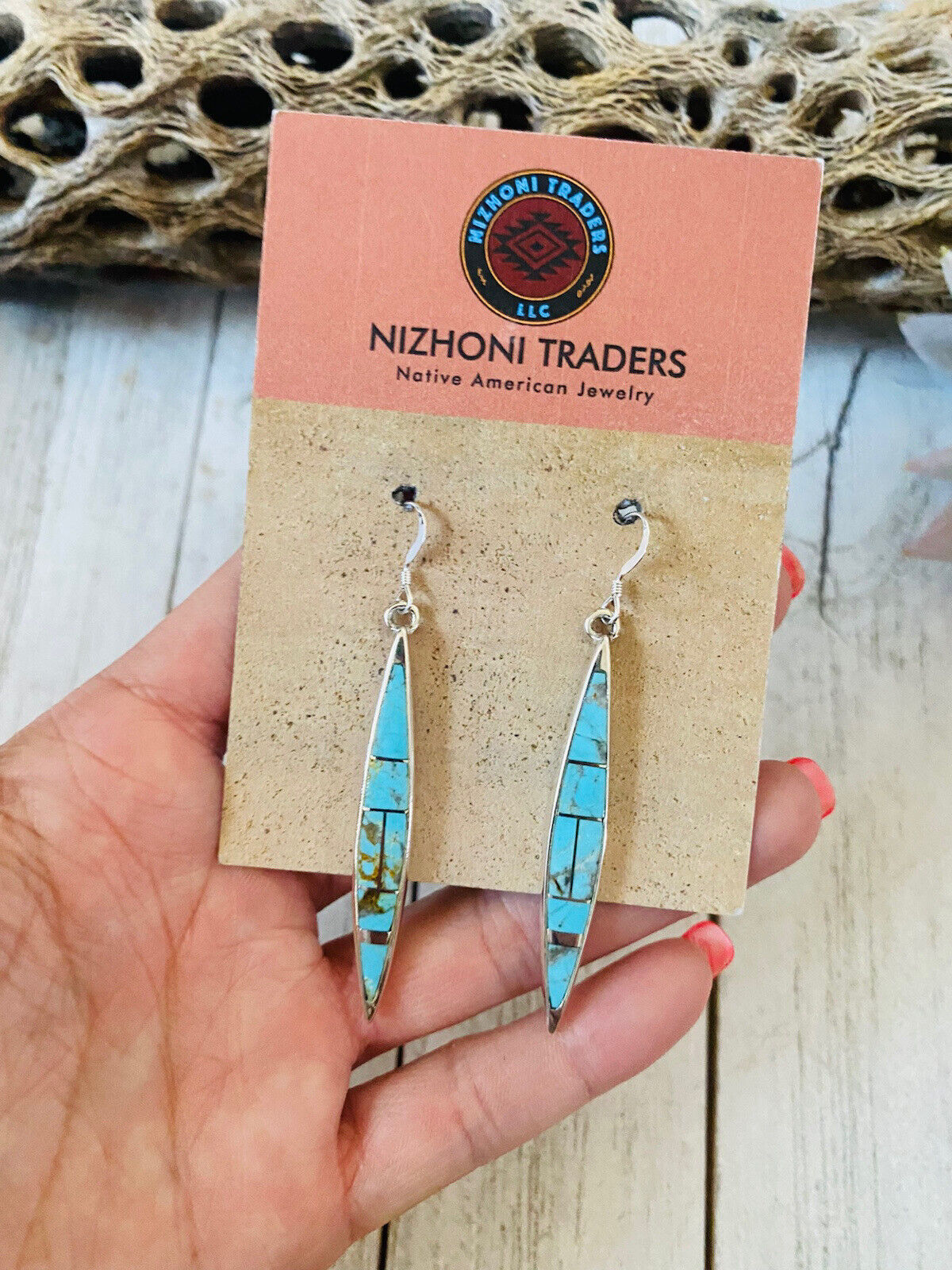 Handcrafted Number 8 Turquoise And Sterling Silver Inlay Dangle Earrings