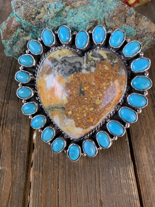 Handcrafted Sleeping Beauty Turquoise & Bumble Bee Cluster Heart Ring Size 6.25