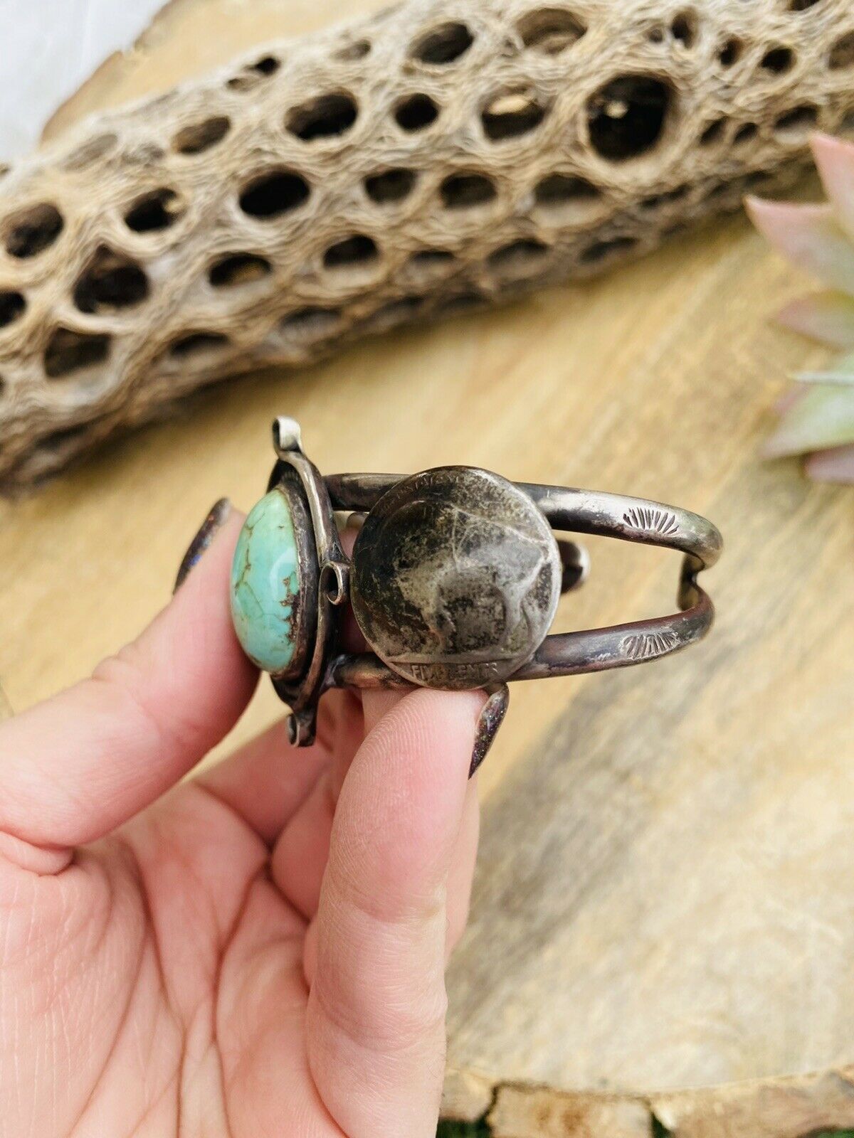 Handcrafted Vintage Turquoise & Sterling Silver Liberty Coin Cuff Bracelet