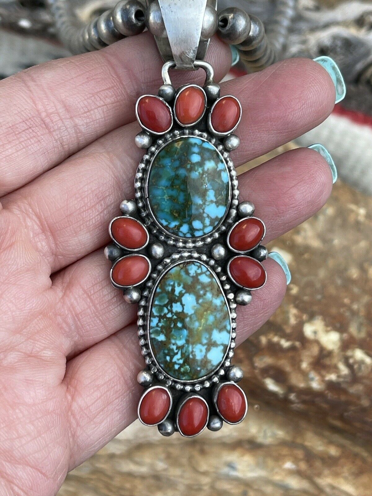 Handcrafted Sterling Kingman Web Turquoise & Red Coral Taos Pendant Bea Tom