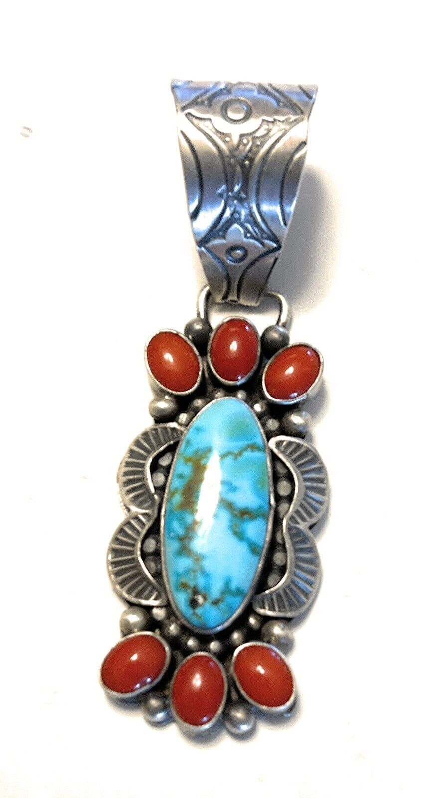 Handcrafted Sterling Kingman Web Turquoise & Red Coral Pendant Taos Collection