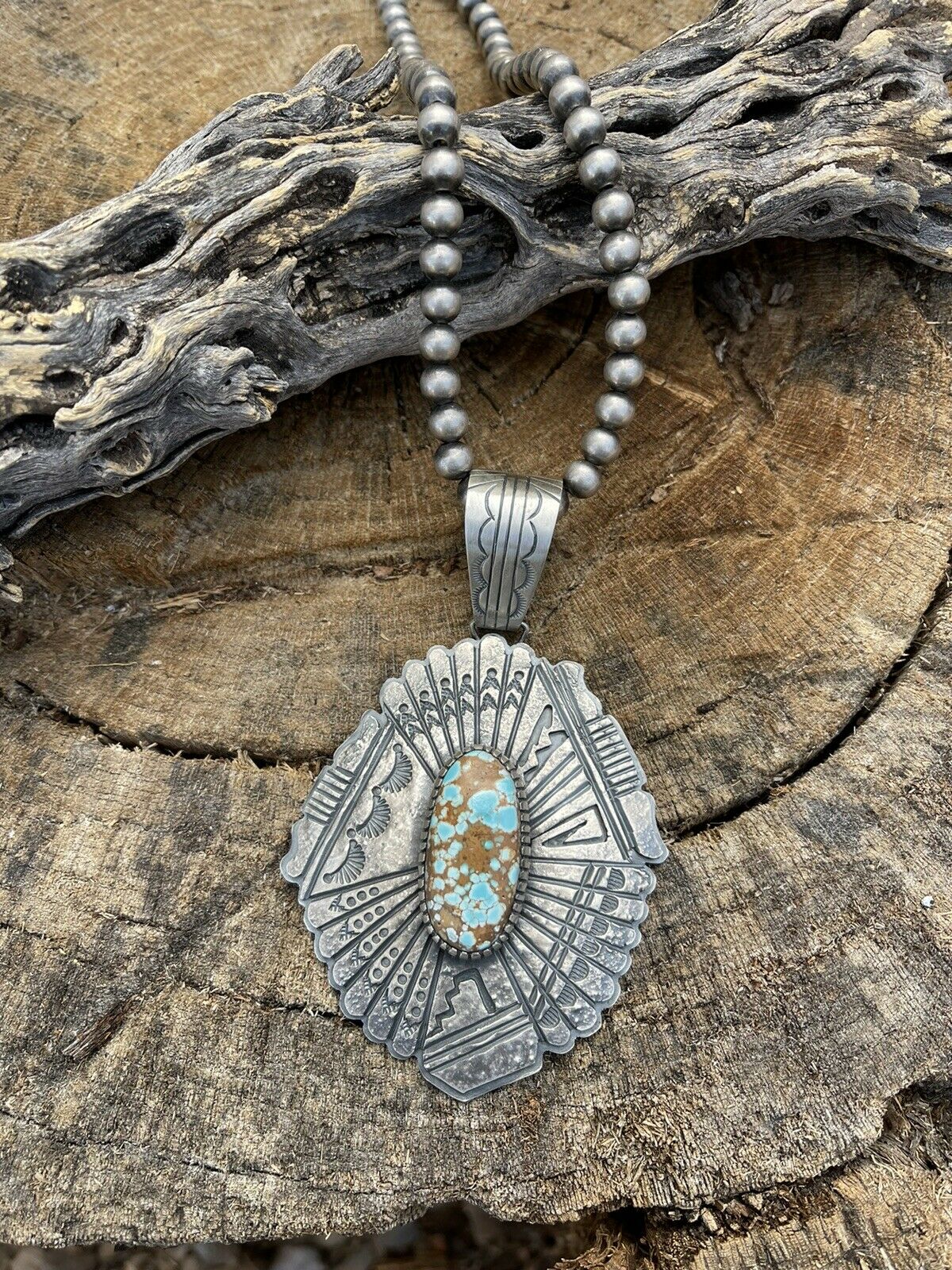Handcrafted Number 8  Turquoise & Sterling Tufa Cast Jumbo Pendant Signed