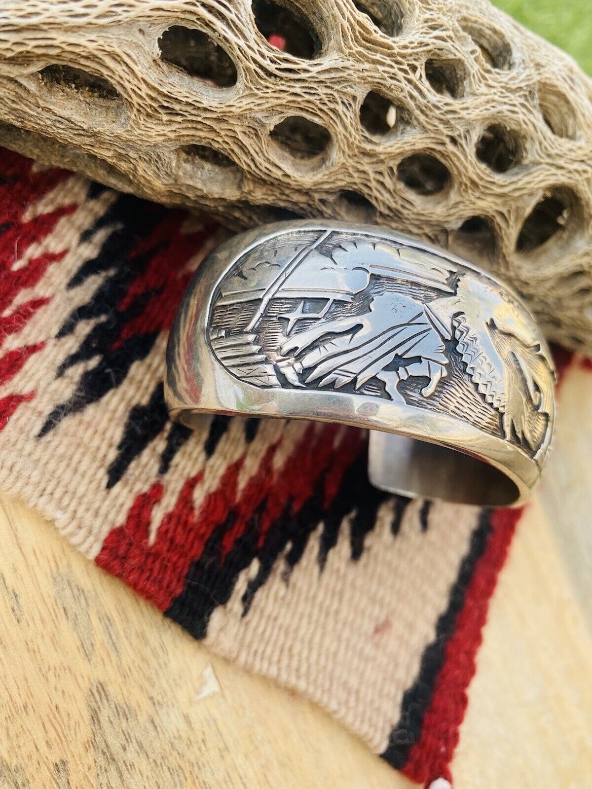 Vintage Navajo Sterling Silver Story Teller Cuff Bracelet