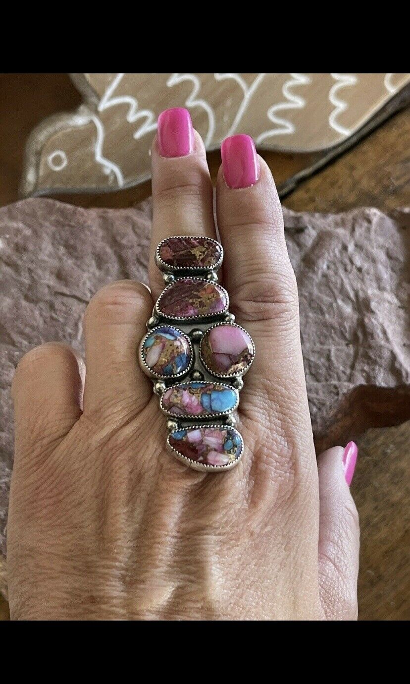 Handcrafted Pink Dream Mohave & Sterling Silver 6 Stone Ring