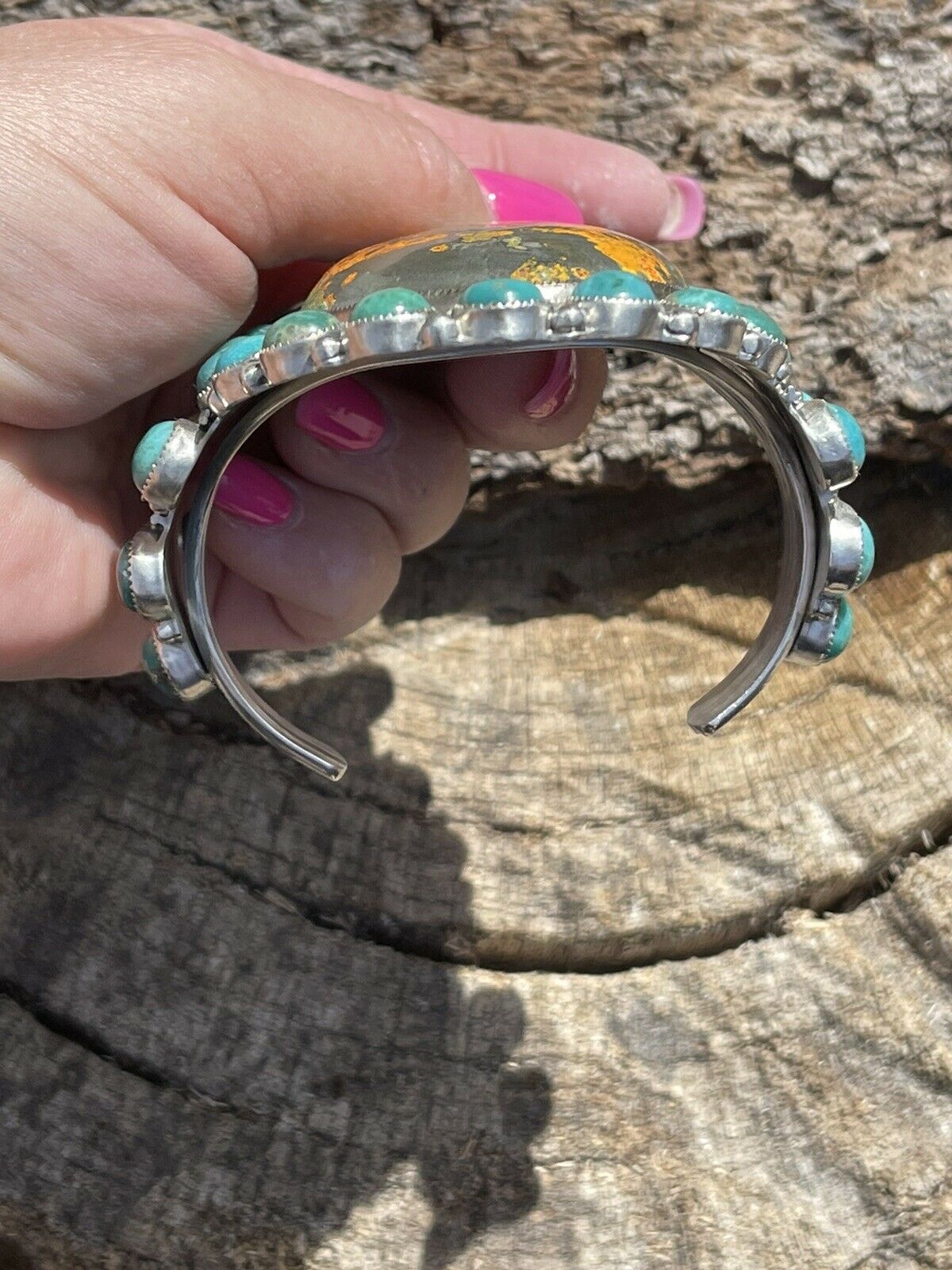 Handcrafted Sterling Silver Bumblebee & Turquoise Cluster Cuff Bracelet /