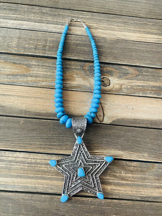 Handcrafted Turquoise & Sterling Silver Tufa Cast Star Beaded Necklace