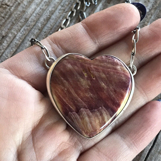 Handcrafted Purple Spiny And Sterling Silver Heart Necklace Signed