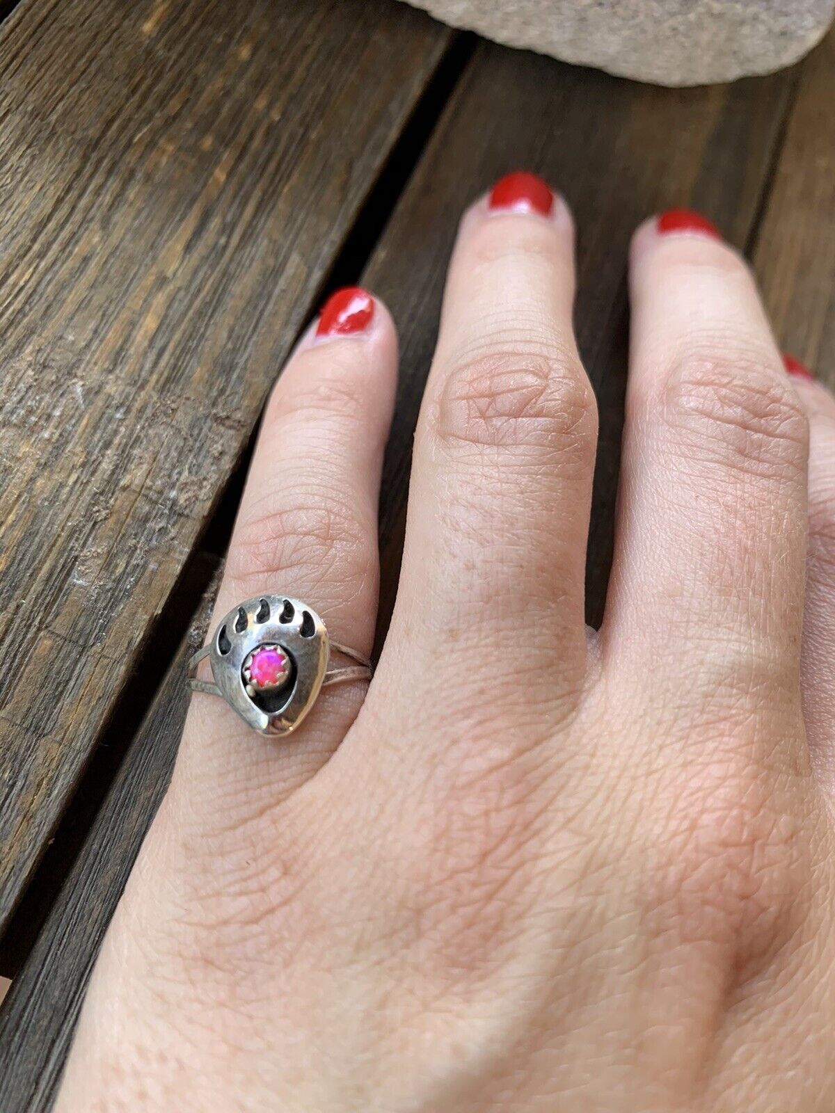 Handcrafted Sterling Silver Hot Pink Opal Bear Paw Ring