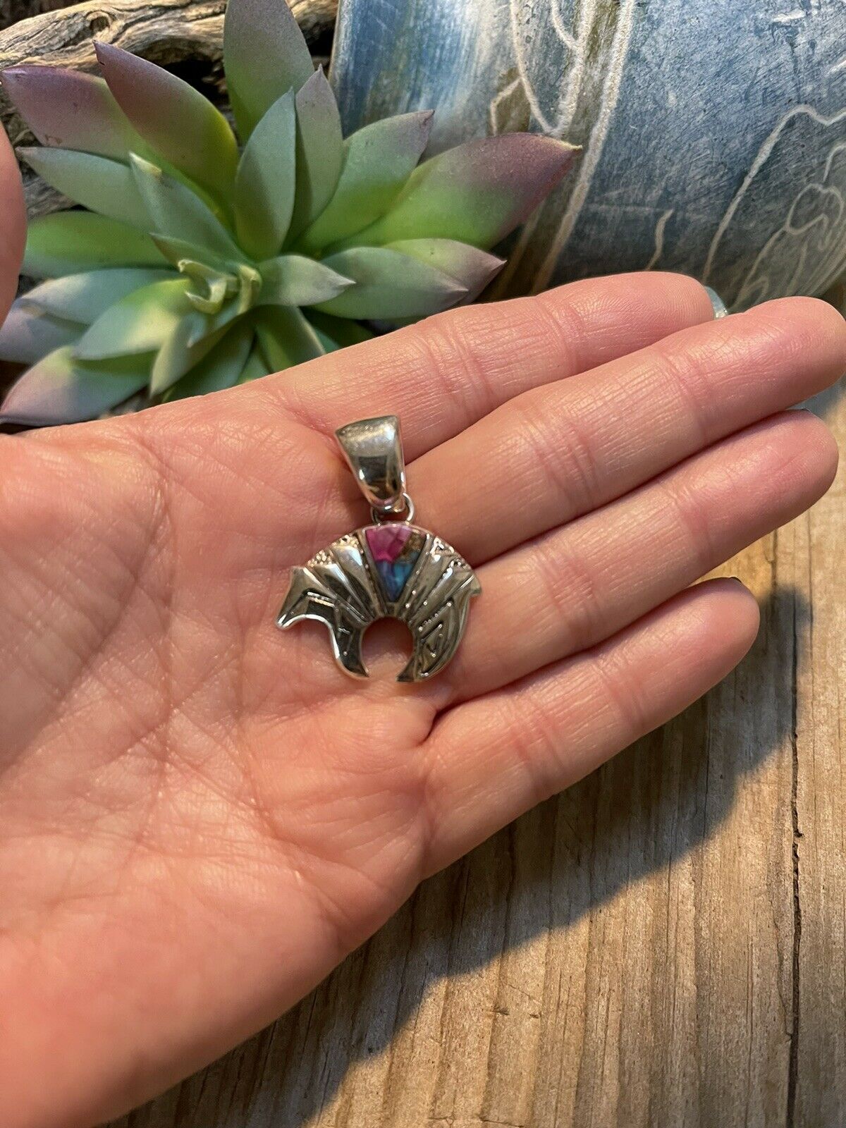 Handcrafted Pink Dream Mojave & Sterling Silver Bear Pendant